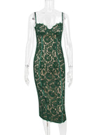 Floral Lace Bustier Cup Spaghetti Strap Scalloped Hem Bodycon Midi Dress