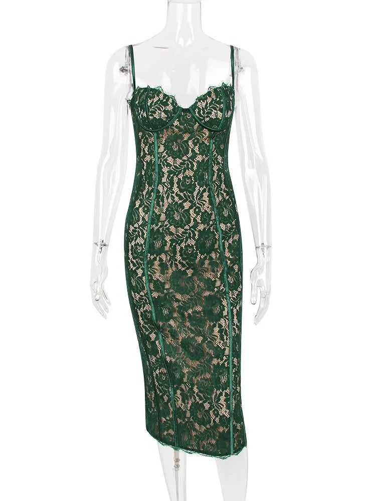 Floral Lace Bustier Cup Spaghetti Strap Scalloped Hem Bodycon Midi Dress