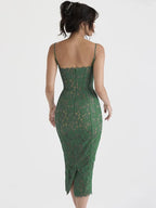 Floral Lace Bustier Cup Spaghetti Strap Scalloped Hem Bodycon Midi Dress