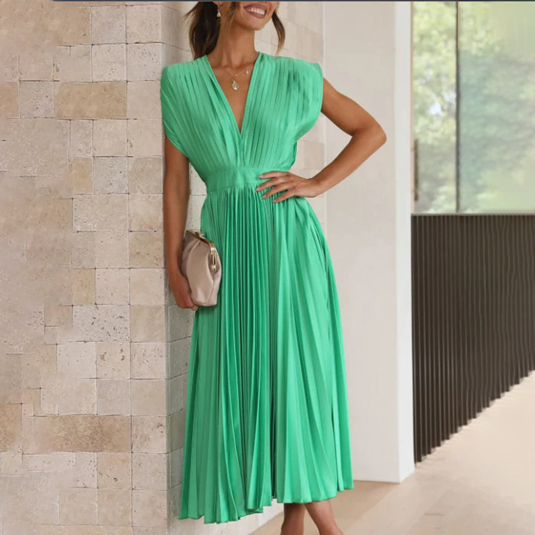Metallic Sunray Pleated Deep V-Neck Wide Strap Midi Dress