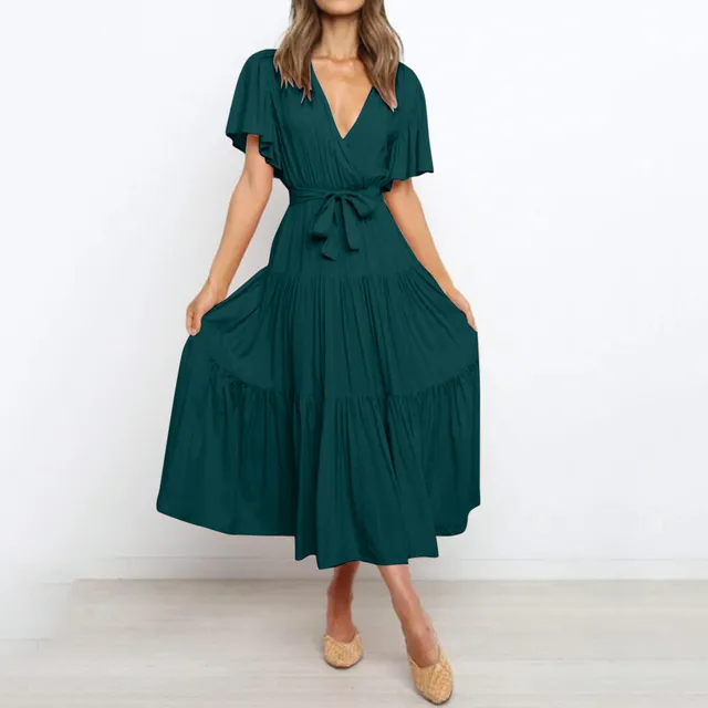 Deep V-Neck Flutter Sleeve Tie Waist Tiered Midi Dress