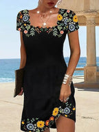Embroidered Sunflower Square Scalloped Neck Short Sleeve Sheath Mini Dress