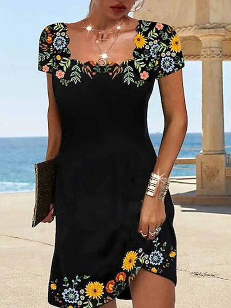 Embroidered Sunflower Square Scalloped Neck Short Sleeve Sheath Mini Dress