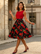 Vintage Dresses 1950s Swing Floral Swing Dress Sleeveless A-Line Tea Party Midi Dress