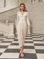 Floral Lace Deep V-Neck Long Sleeve Corset Waist Belted Midi Dress