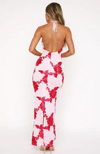 Mesh 3D Floral Applique Halter Neck Sleeveless Bodycon Maxi Dress