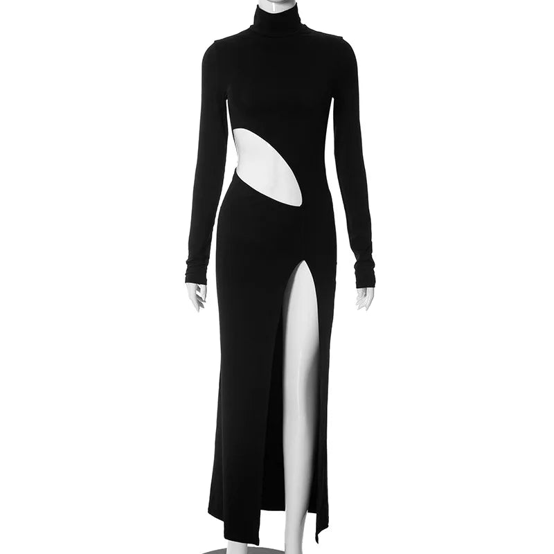 Mock Neck Long Sleeve Diagonal Cutout Thigh Split Maxi Gown