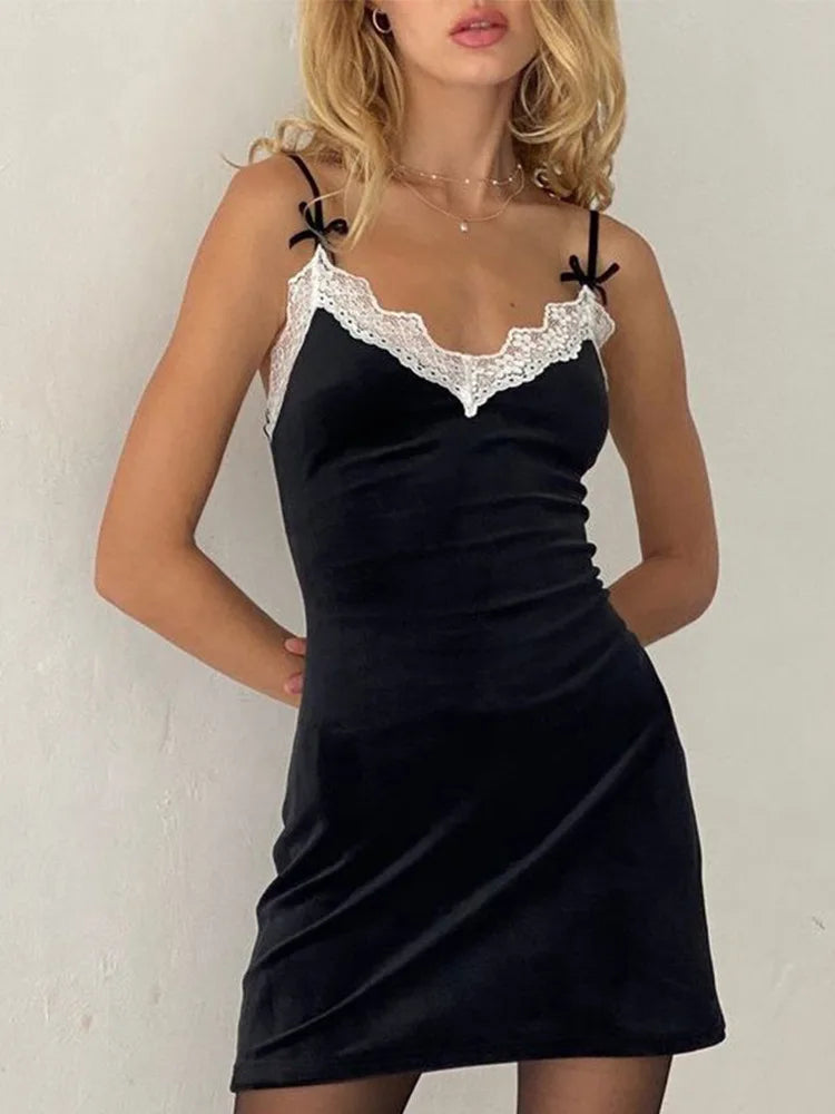 Velvet Deep V-Neck Lace Trim Bow Accent Spaghetti Strap Mini Dress