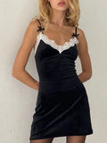 Velvet Deep V-Neck Lace Trim Bow Accent Spaghetti Strap Mini Dress