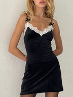 Velvet Deep V-Neck Lace Trim Bow Accent Spaghetti Strap Mini Dress