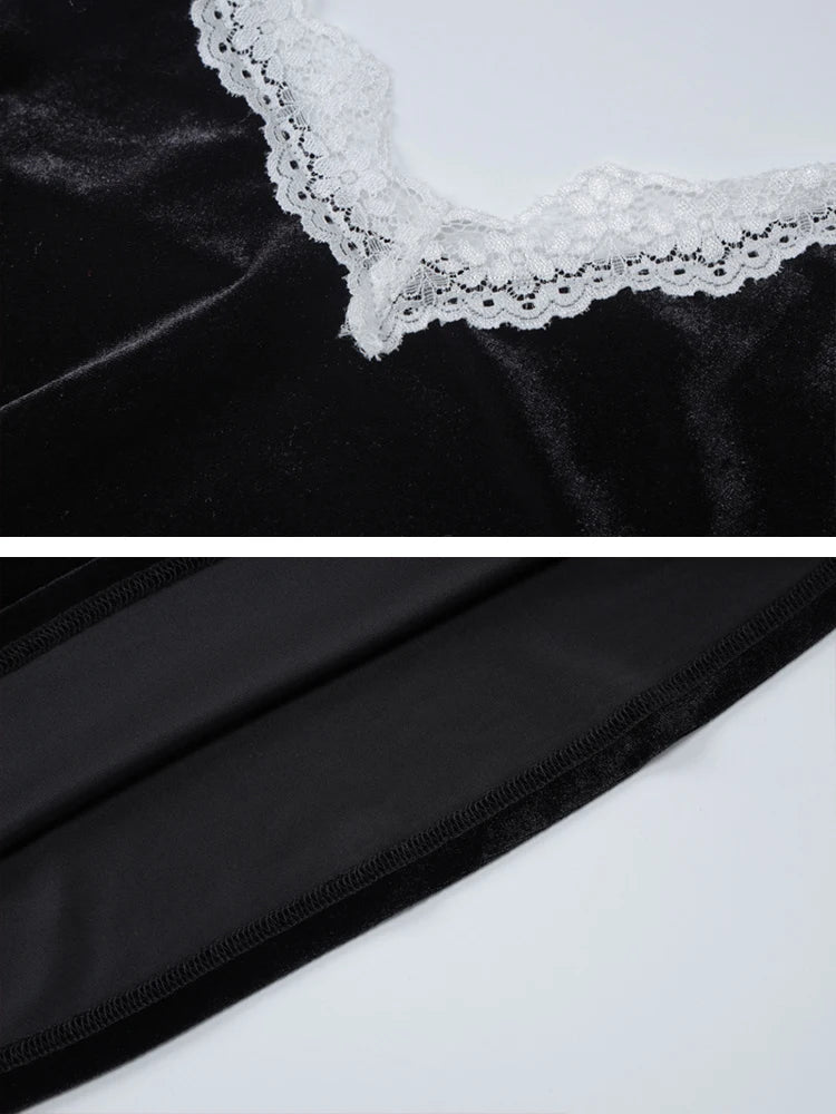 Velvet Deep V-Neck Lace Trim Bow Accent Spaghetti Strap Mini Dress