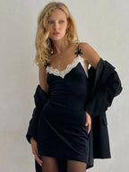 Velvet Deep V-Neck Lace Trim Bow Accent Spaghetti Strap Mini Dress