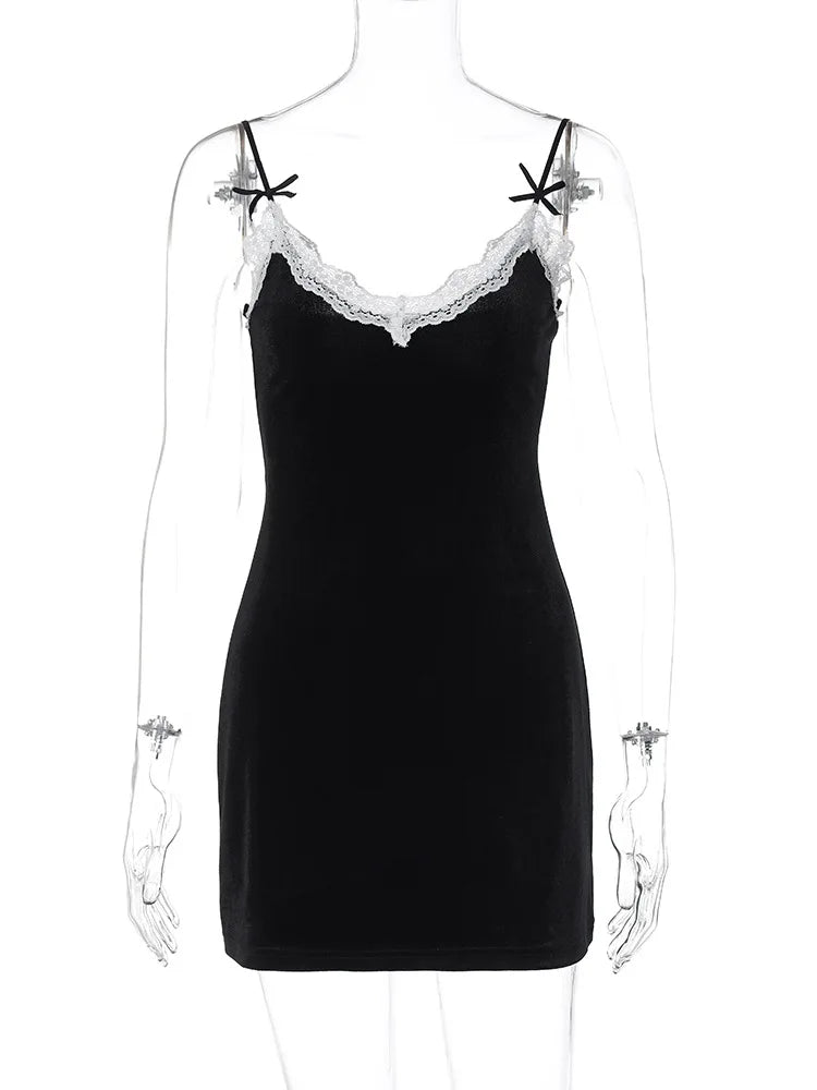 Velvet Deep V-Neck Lace Trim Bow Accent Spaghetti Strap Mini Dress