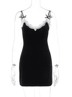 Velvet Deep V-Neck Lace Trim Bow Accent Spaghetti Strap Mini Dress