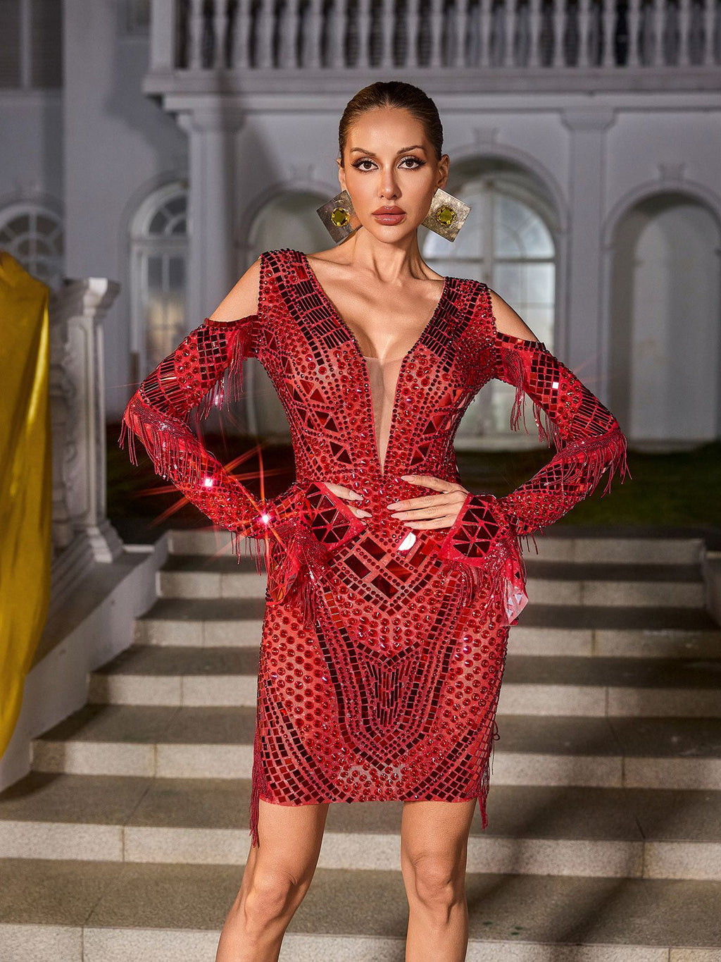 Rhinestone Mirror Panel Deep V-Neck Cold Shoulder Fringe Long Sleeve Bodycon Mini Dress