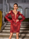 Rhinestone Mirror Panel Deep V-Neck Cold Shoulder Fringe Long Sleeve Bodycon Mini Dress