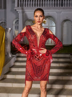 Rhinestone Mirror Panel Deep V-Neck Cold Shoulder Fringe Long Sleeve Bodycon Mini Dress