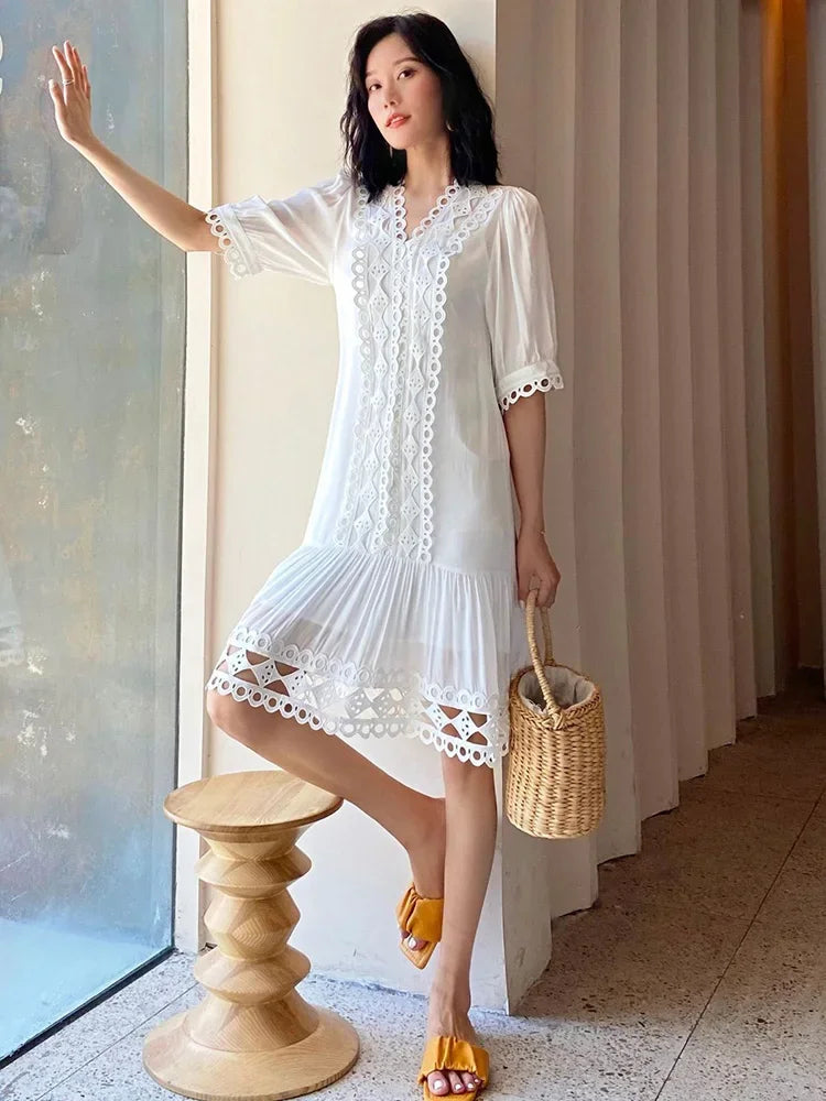 Eyelet Cut Out Deep V-Neck Puff Sleeve Scallop Trim Shift Dress