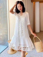 Eyelet Cut Out Deep V-Neck Puff Sleeve Scallop Trim Shift Dress