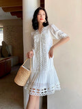 Eyelet Cut Out Deep V-Neck Puff Sleeve Scallop Trim Shift Dress