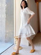 Eyelet Cut Out Deep V-Neck Puff Sleeve Scallop Trim Shift Dress