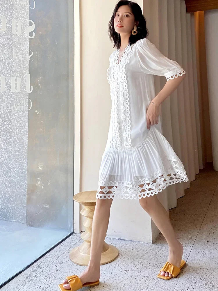 Eyelet Cut Out Deep V-Neck Puff Sleeve Scallop Trim Shift Dress