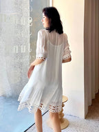 Eyelet Cut Out Deep V-Neck Puff Sleeve Scallop Trim Shift Dress