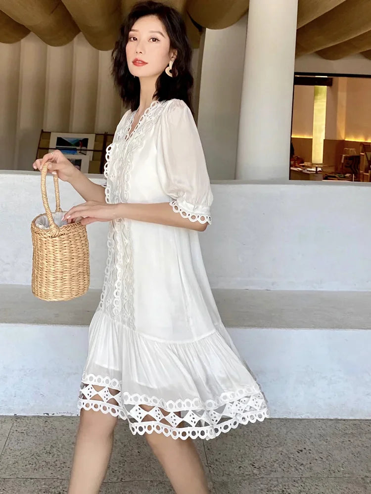 Eyelet Cut Out Deep V-Neck Puff Sleeve Scallop Trim Shift Dress