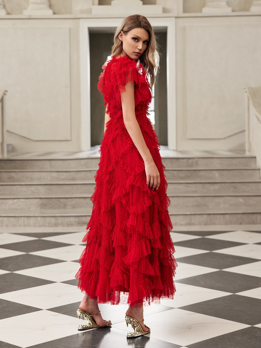 Swiss Dot Mesh Tiered Ruffle Neck Cap Sleeve Maxi Dress