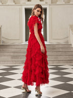 Swiss Dot Mesh Tiered Ruffle Neck Cap Sleeve Maxi Dress
