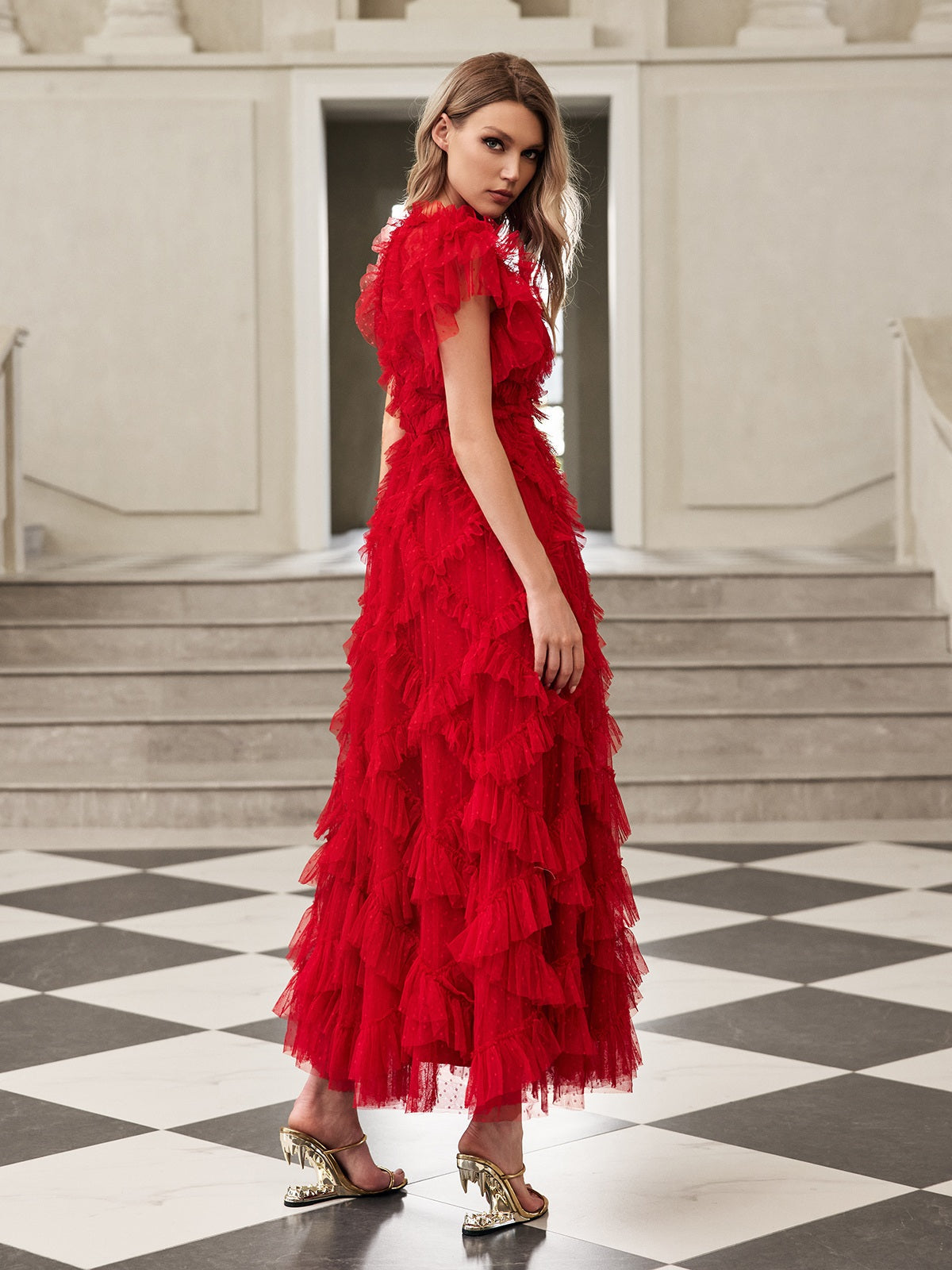 Swiss Dot Mesh Tiered Ruffle Neck Cap Sleeve Maxi Dress