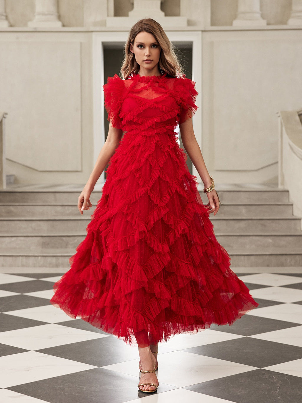 Swiss Dot Mesh Tiered Ruffle Neck Cap Sleeve Maxi Dress