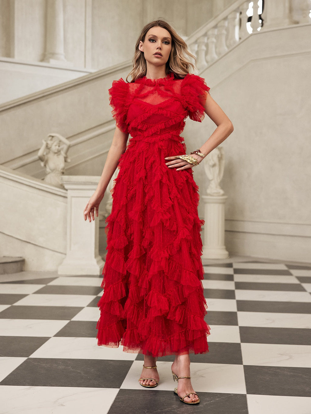Swiss Dot Mesh Tiered Ruffle Neck Cap Sleeve Maxi Dress