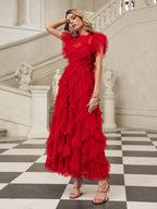 Swiss Dot Mesh Tiered Ruffle Neck Cap Sleeve Maxi Dress