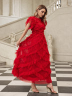 Swiss Dot Mesh Tiered Ruffle Neck Cap Sleeve Maxi Dress