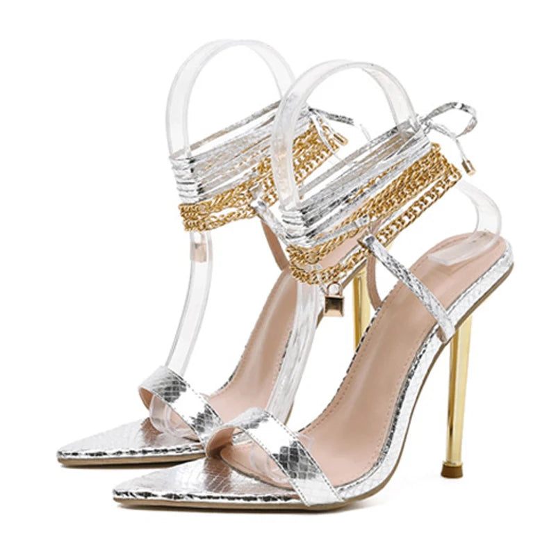 Gold White Pointed Toe Female Party Shoes Sandalias with New Chain Ankle Strap