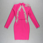 Crystal Fringe Open Back Mock Neck Long Sleeve Bodycon Dress