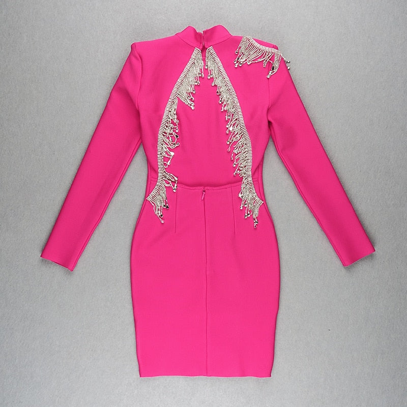 Crystal Fringe Open Back Mock Neck Long Sleeve Bodycon Dress