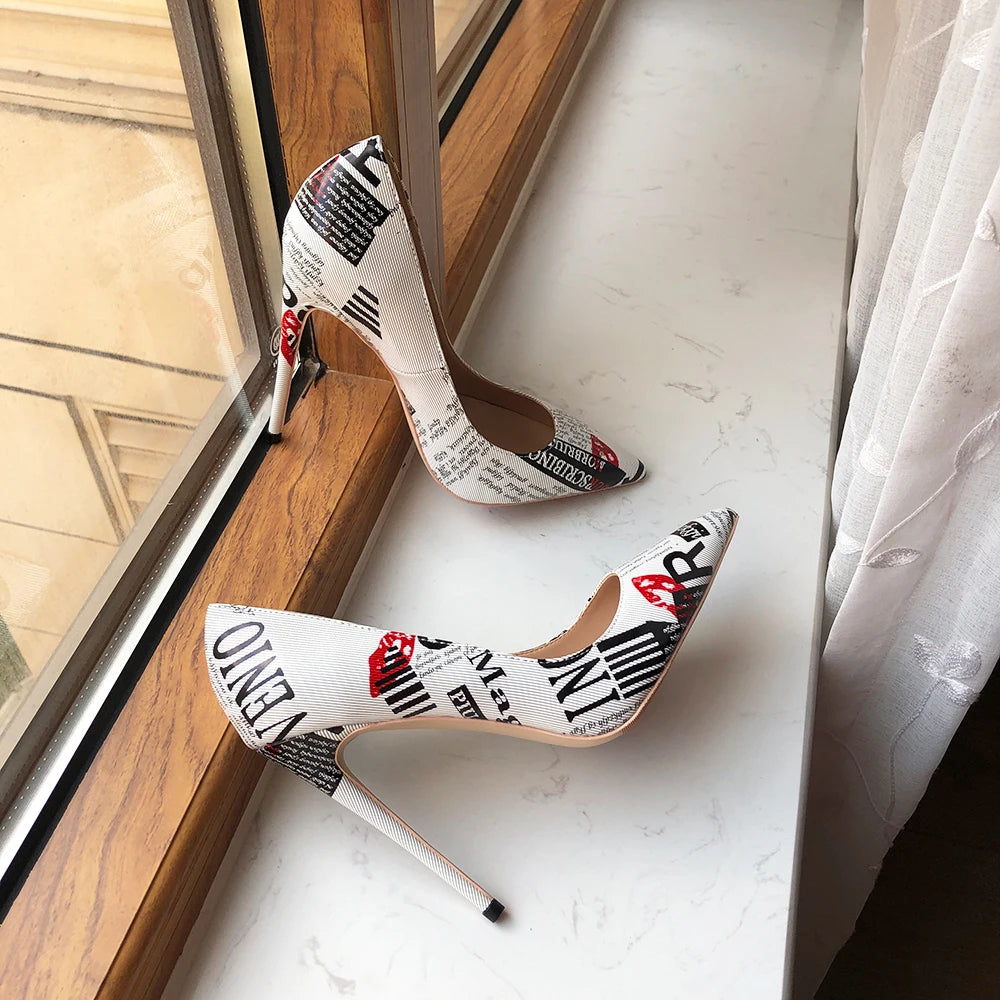 White Pointy Toe High Heel Dress Shoes with Graphic Print for Women