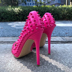 Rose Pink Sexy Spikes Pointed Toe Stiletto Pumps Slip On High Heels for Women