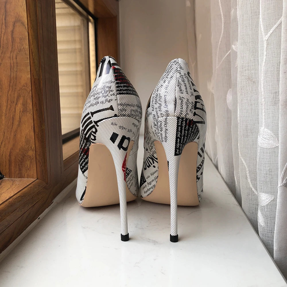 White Pointy Toe High Heel Dress Shoes with Graphic Print for Women