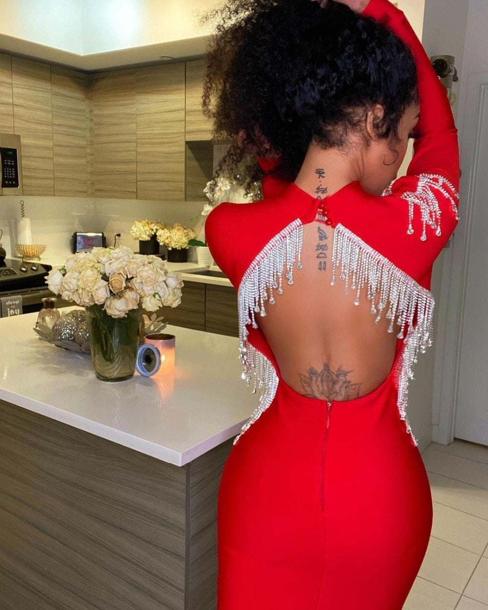 Crystal Fringe Open Back Mock Neck Long Sleeve Bodycon Dress