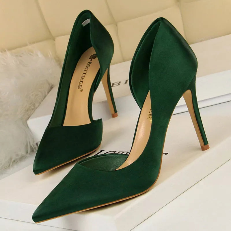 Silk High Heels Women Shoes Stiletto Heels Black Blue Silver Sexy Woman Pumps