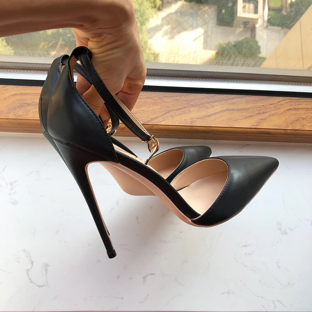 Black Matte Ankle Strap Pointy Toe High Heel Shoes for Women