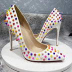 White Matte Pointy Toe High Heel Celebrity Party Shoes with Multi-Color Spikes for Women