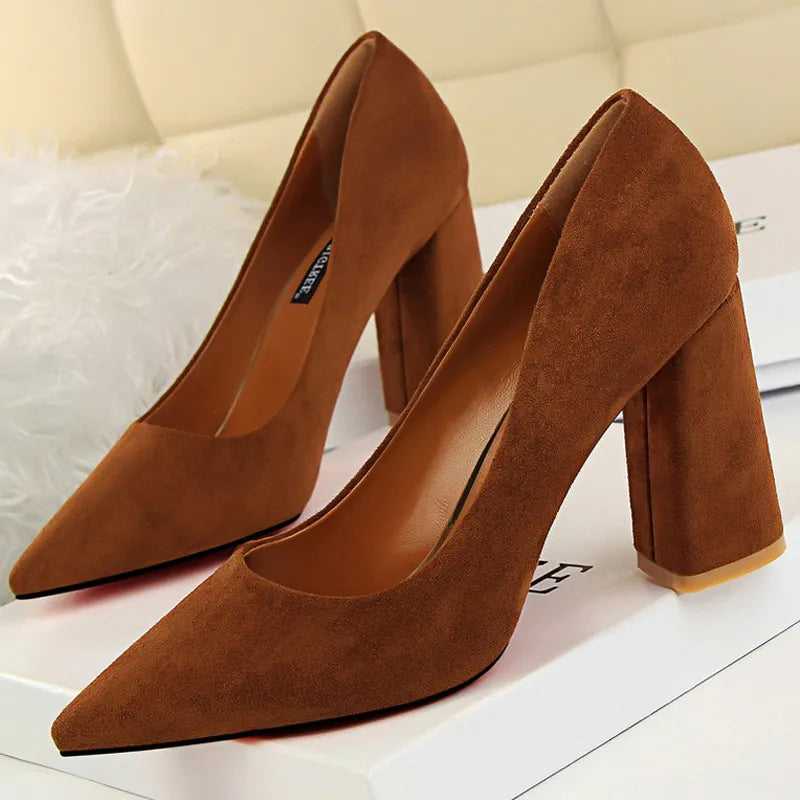 Suede Thick Heel Woman Pumps with Pointed Toe for Office Wear