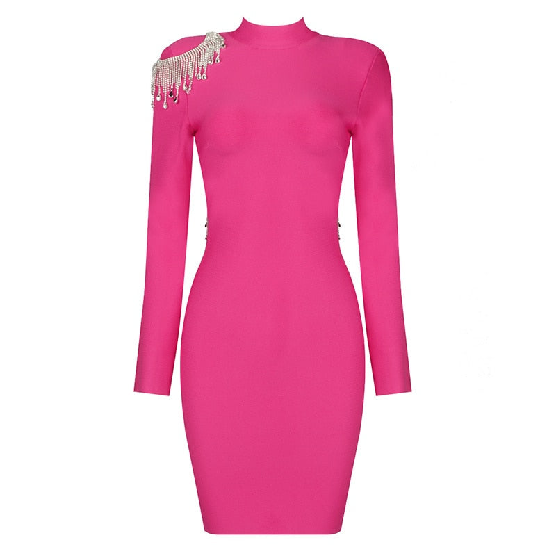 Crystal Fringe Open Back Mock Neck Long Sleeve Bodycon Dress