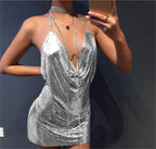 Sequin Mesh Halter Cowl Neck Backless Bodycon Mini Dress