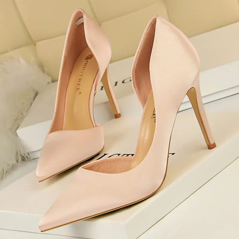 Silk High Heels Women Shoes Stiletto Heels Black Blue Silver Sexy Woman Pumps