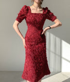 Eyelash Texture Square Neck Puff Sleeve Bodycon Midi Dress